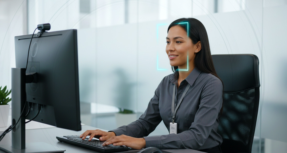 Person using biometric authentication at computer.