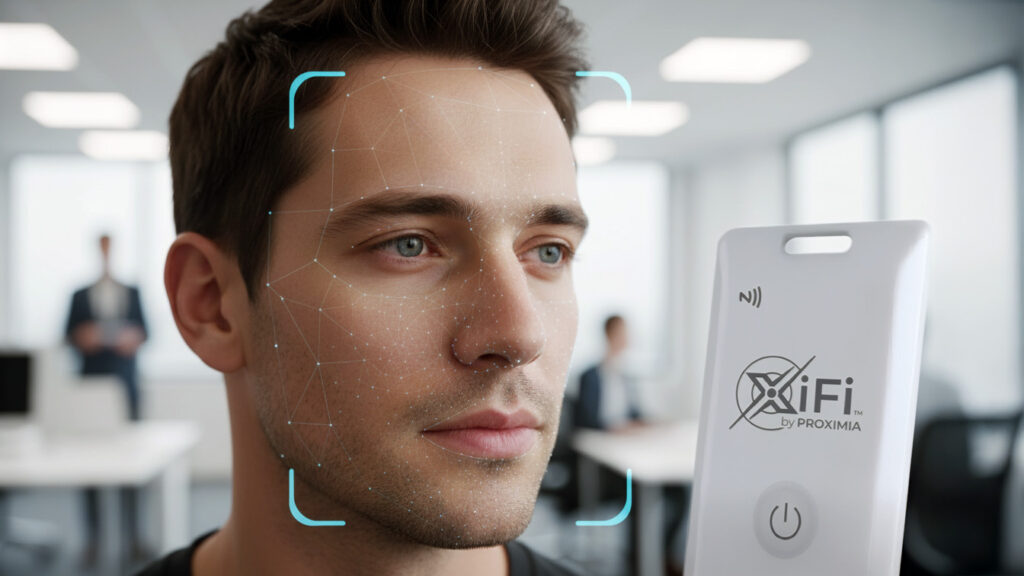 Biometric scan in modern office setting. XiFi Card using Silent MFA