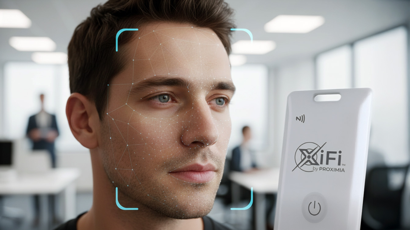 Biometric scan in modern office setting. XiFi Card using Silent MFA