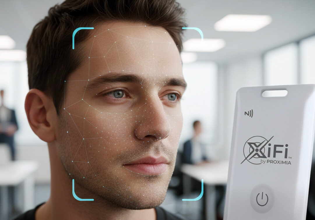 Biometric scan in modern office setting. XiFi Card using Silent MFA